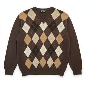 Castle of Ireland Mens Brown Argyle V-Neck Sweater Lambswool Blend Grandpa LG
​